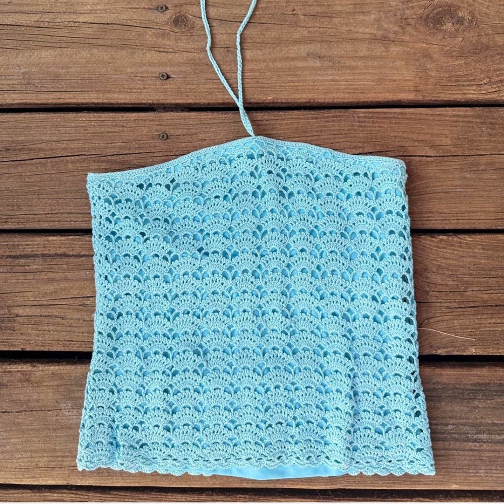 RARE VTG Lilly Pulitzer Blue Crochet Halter Top Removable Yellow Daisy - Medium